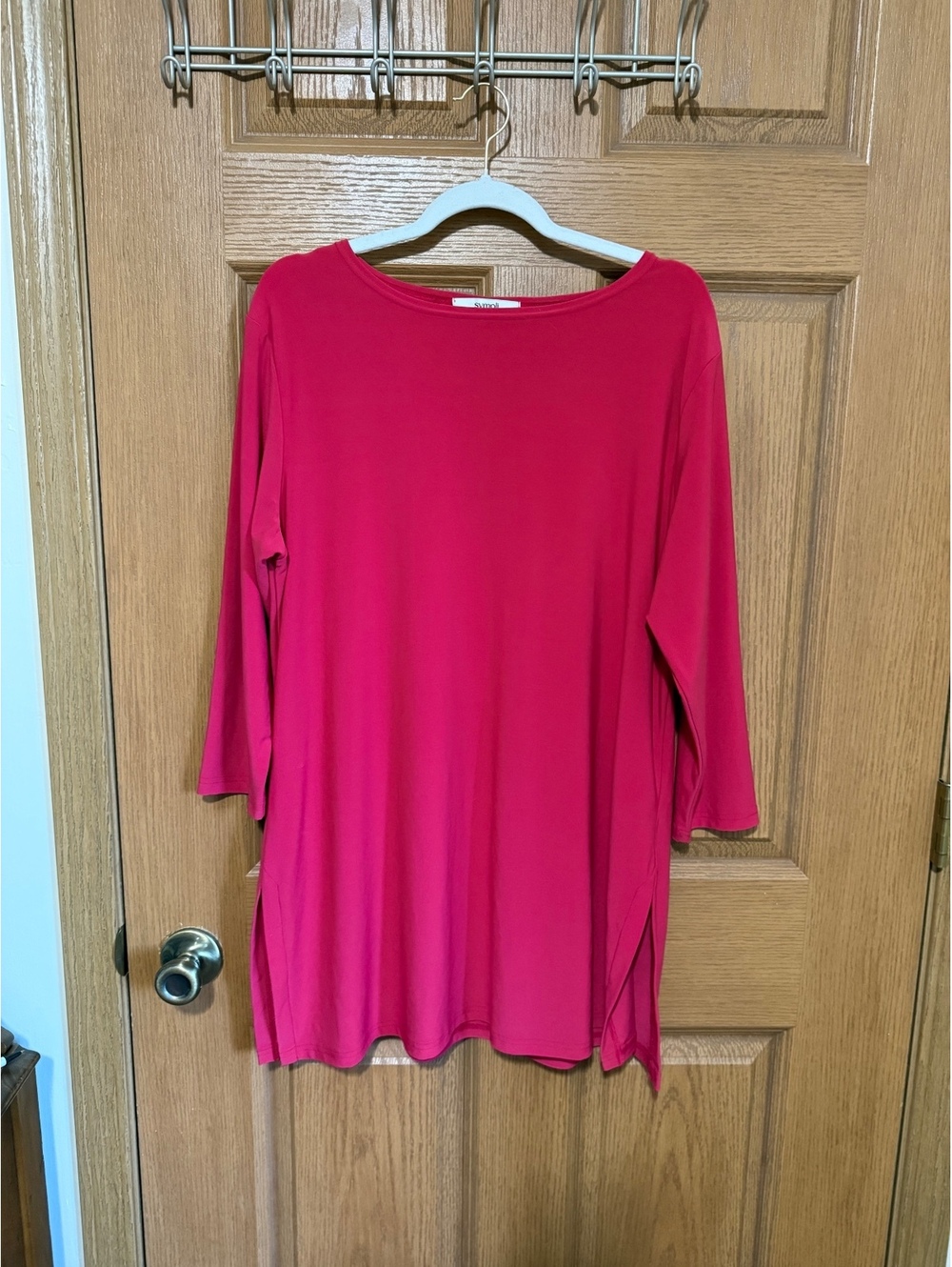 Sympli Rose Pink Tunic Top Size 16 3/4 Sleeve Side Slits Stretch Made Canada